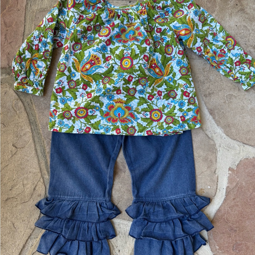 Sage & Lilly, Floral, Long Sleeve Top, with Blue, Ruffle Pants, Set, Size 5
